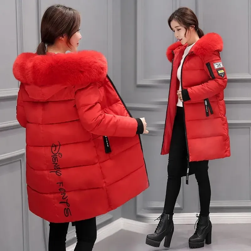 2022 Winter Jacket Women Parka Big Fur Collar Hooded Thick Warm Long Female Coat Casual Outwear Down Cotton Jacket Parkas