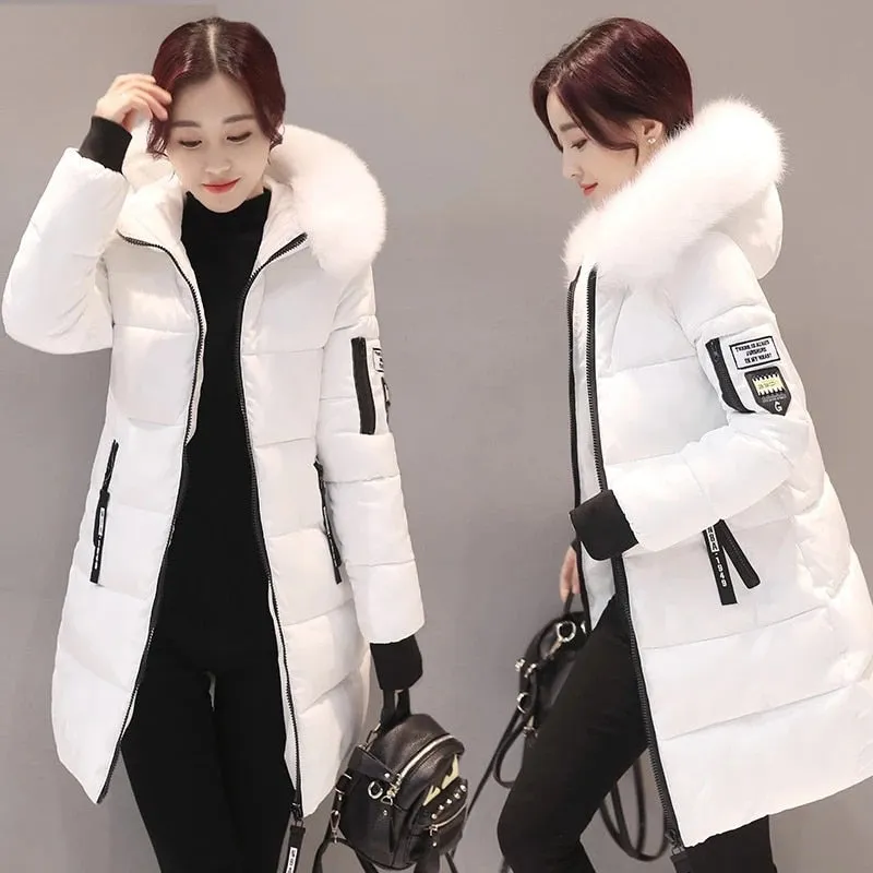 2022 Winter Jacket Women Parka Big Fur Collar Hooded Thick Warm Long Female Coat Casual Outwear Down Cotton Jacket Parkas