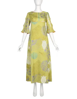 Alfred Shaheen Vintage 1960s Green Multicolor Metallic Fan Lantern Novelty Print Maxi Dress