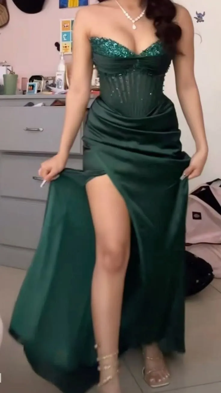 Green Sweetheart Sheath Satin Beaded Long Party Dresses Birthday Dresses, D1087