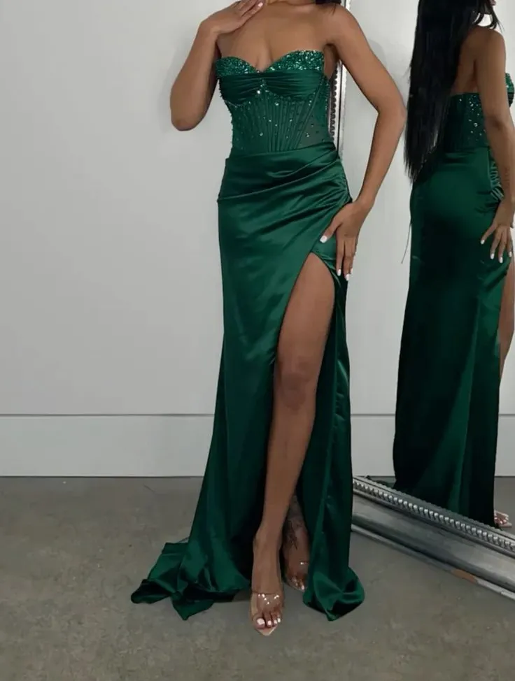 Green Sweetheart Sheath Satin Beaded Long Party Dresses Birthday Dresses, D1087