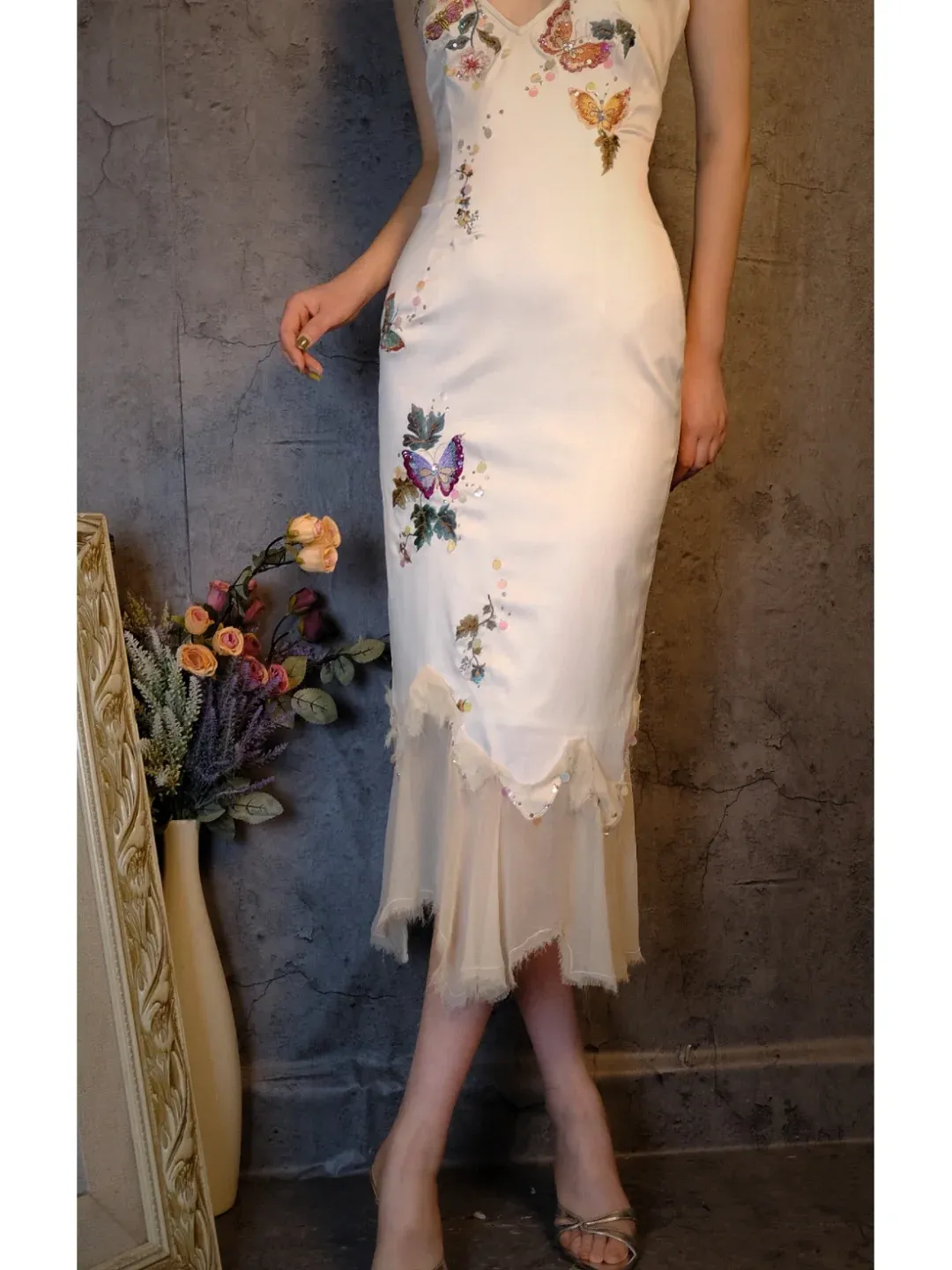 Retro Ivory Spaghetti Straps Sheath Midi Party Dresses Cocktail Dresses, D1178
