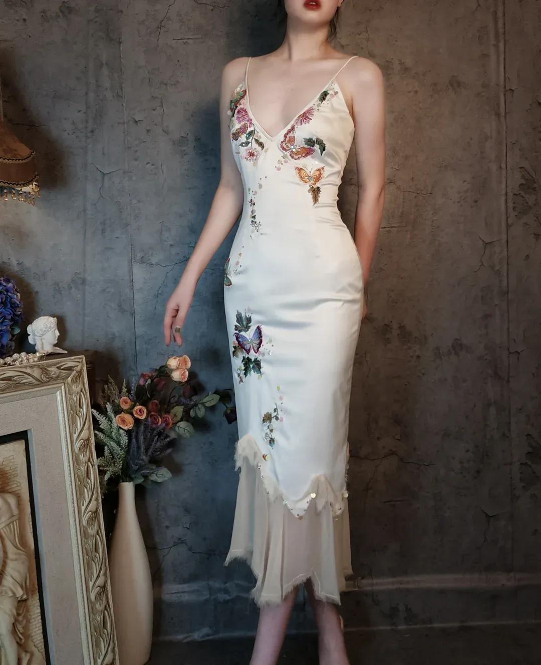 Retro Ivory Spaghetti Straps Sheath Midi Party Dresses Cocktail Dresses, D1178