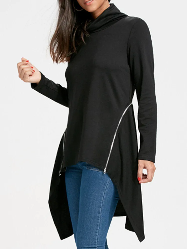 Zipper Hem Women Asymmetrical Hoodies